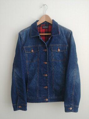 Parasuco blue denim jean jacket with red black plaid flannel lining Large
